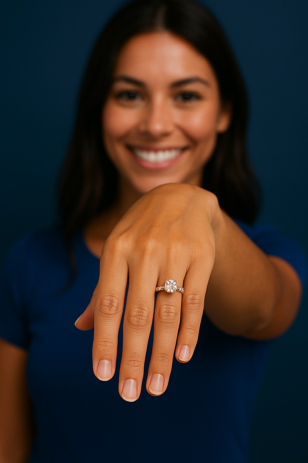 Woman holding up her hand showing an ethical engagement ring