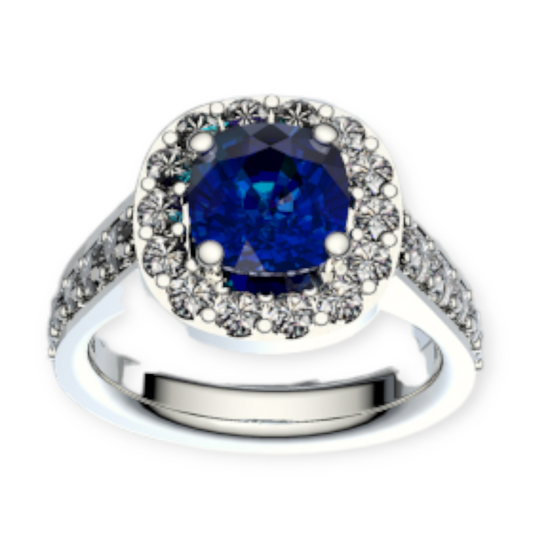 top view of a ring with a diamond set shank and a cushion cut sapphire surrounded by diamonds