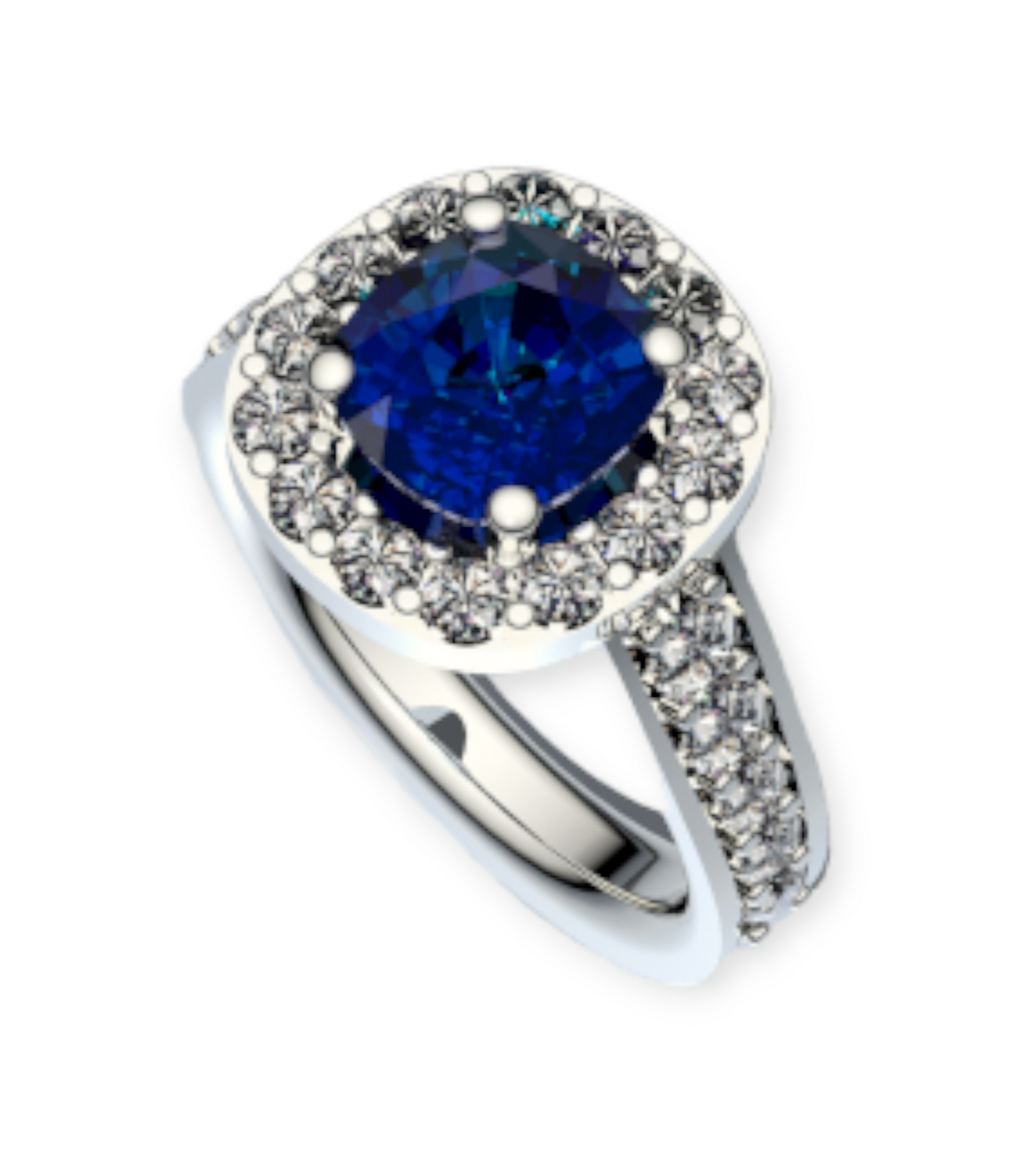 side view of a ring with a diamond set shank and a cushion cut sapphire surrounded by diamonds