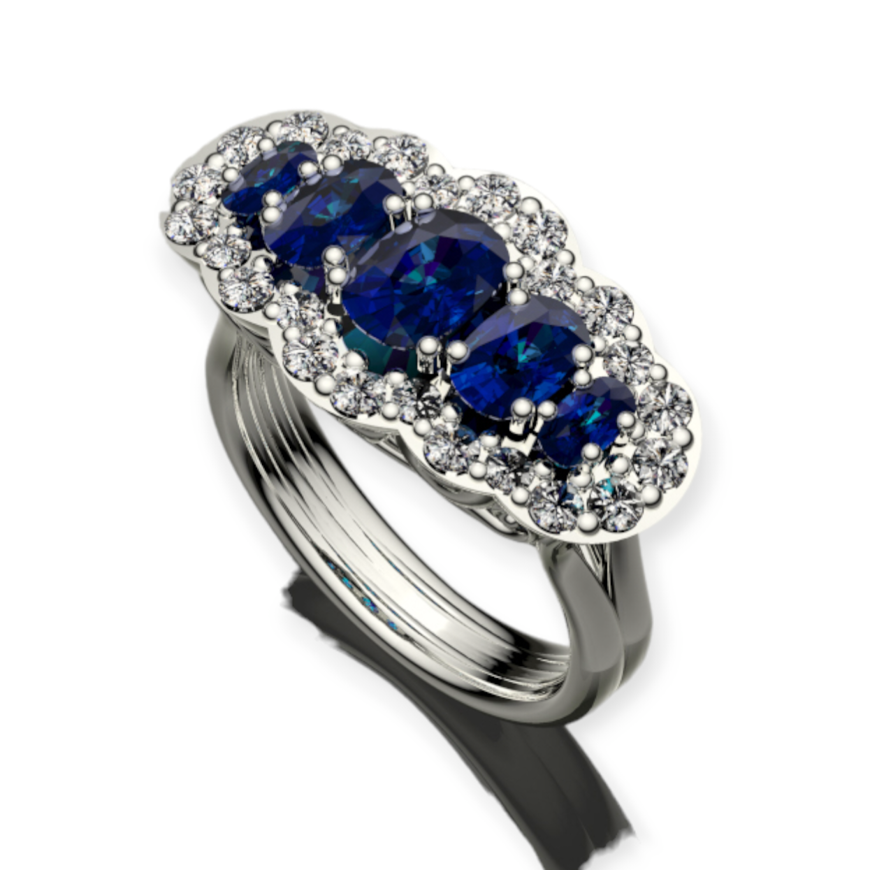 Top view of a fancy diamond and sapphire ring