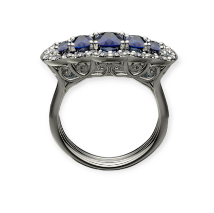 Front view of a fancy diamond and sapphire ring