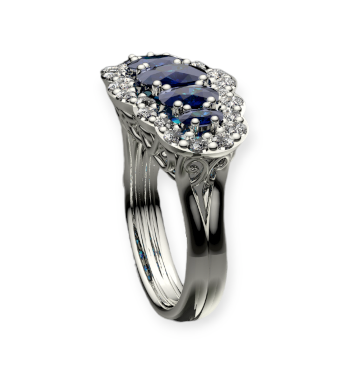 Side view of a fancy diamond and sapphire ring