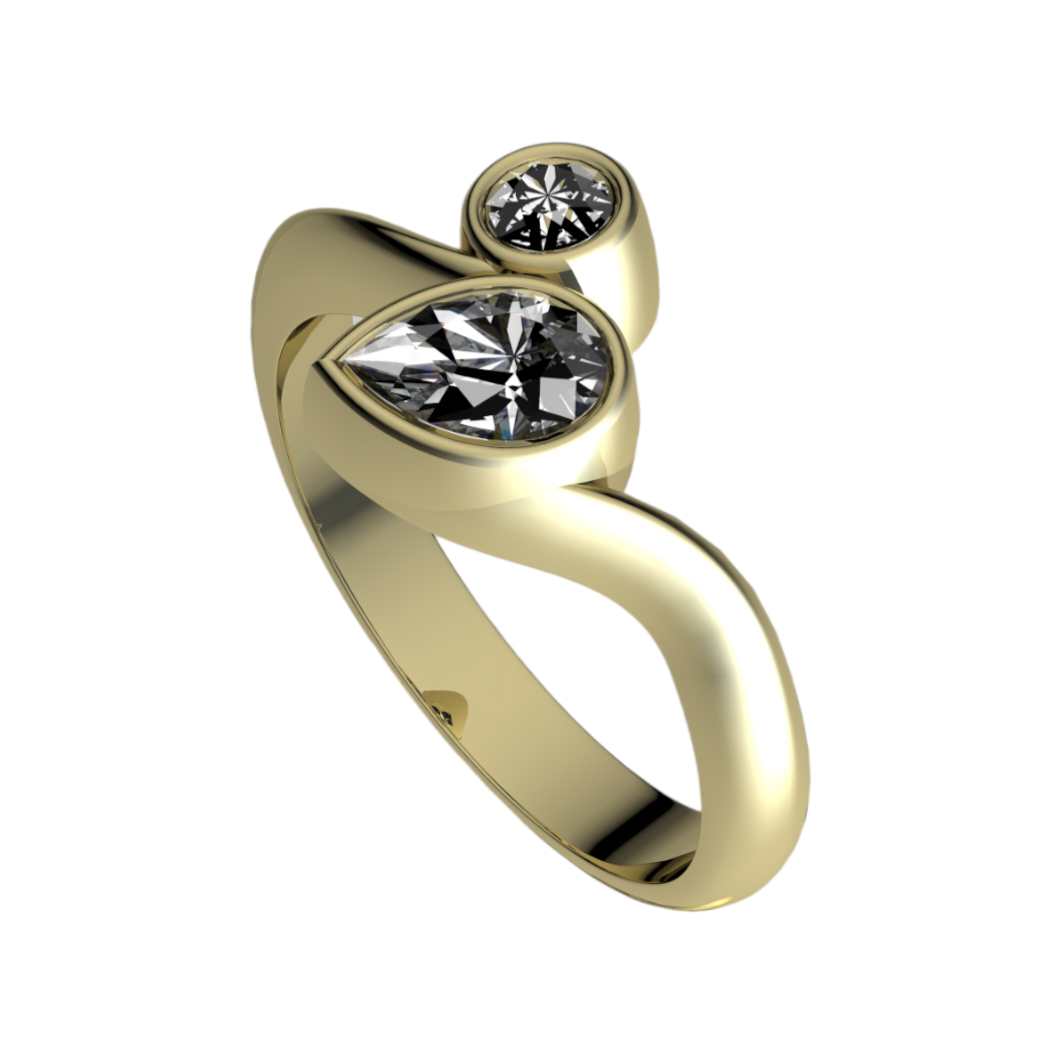 An angled view of an organically shaped yellow gold ring set with a pear shape and brilliant cut diamond