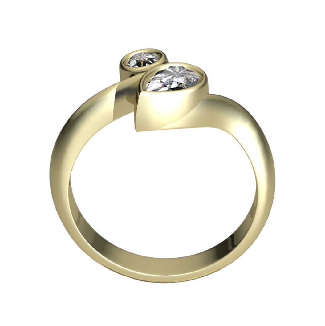 Side view of an organically shaped yellow gold ring set with a pear shape and brilliant cut diamond